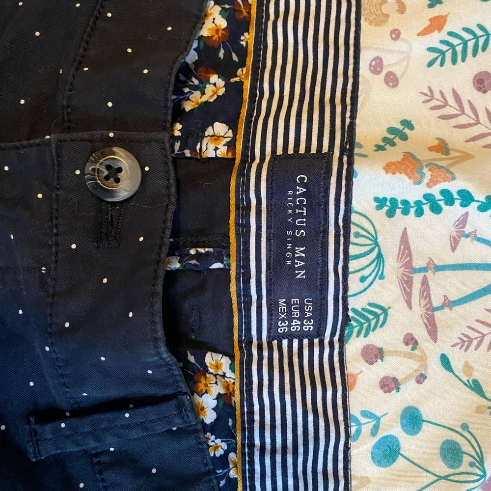 Navy Blue Men's Shorts with Floral Trim - Picture 2 of 4